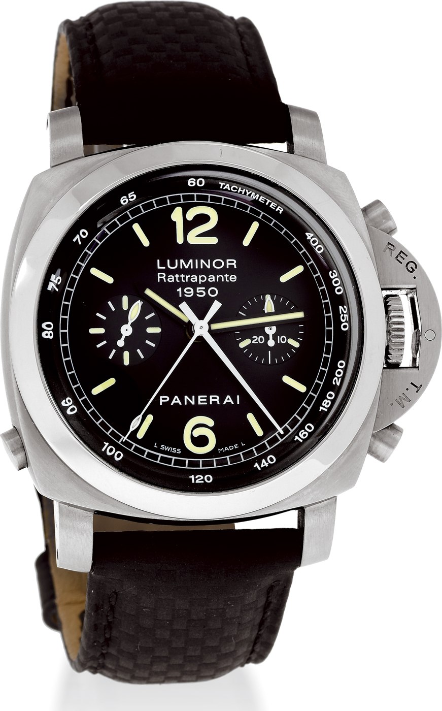 Front view of the Officine Panerai Luminor-Rattrapante 1950, PAM 213, showing the dial, security lever, and push-button layout.