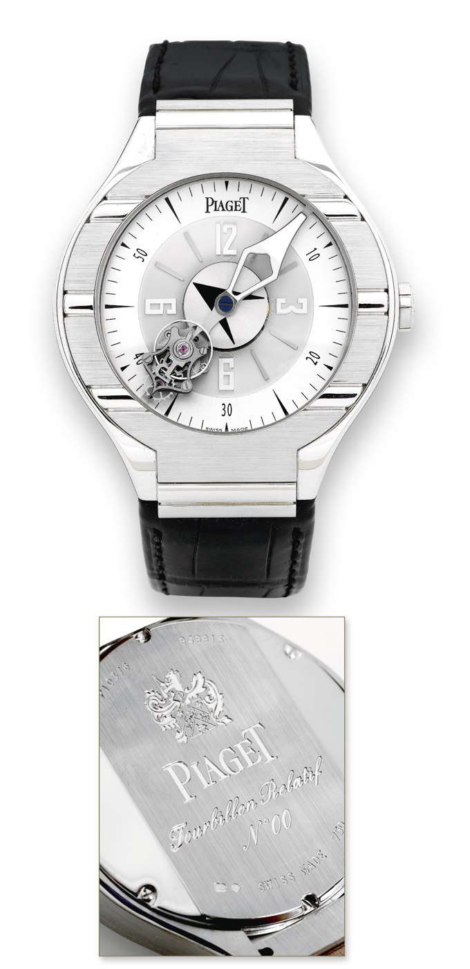 Front view of the Piaget Polo Relative Tourbillon watch and a detail of the engraved case back.