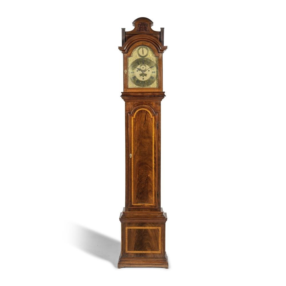 John Ellicott longcase clock with 12-inch break-arch dial, housed in a later case.