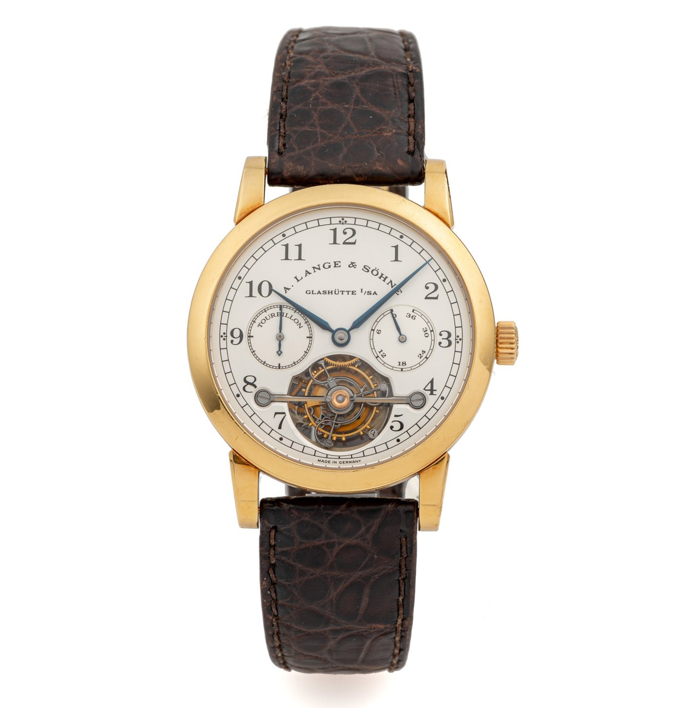 Frontal view of the A. Lange & Söhne Lange-Tourbillon Pour le Mérite featuring the visible tourbillon and power reserve.