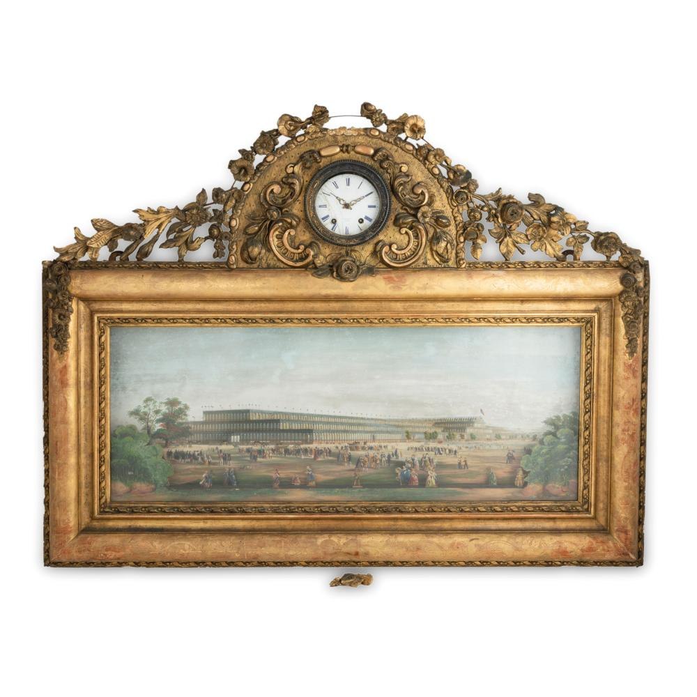 Wall-mounted clock and automaton display featuring an oil painting of the 1851 Crystal Palace.