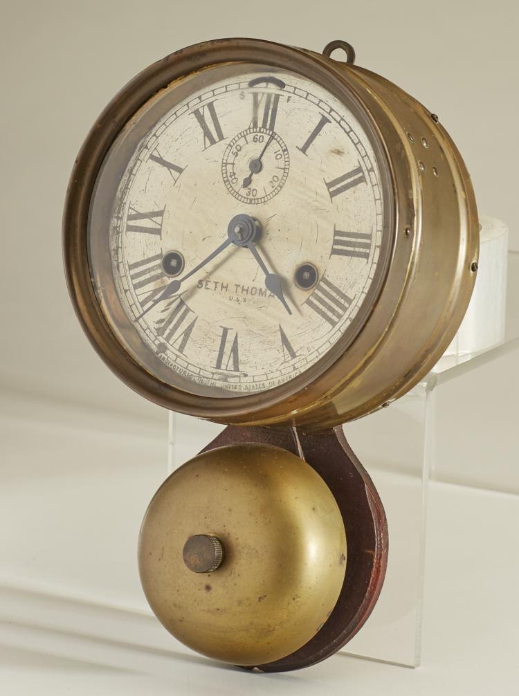 Seth Thomas brass nautical ship's bell clock with external lower bell