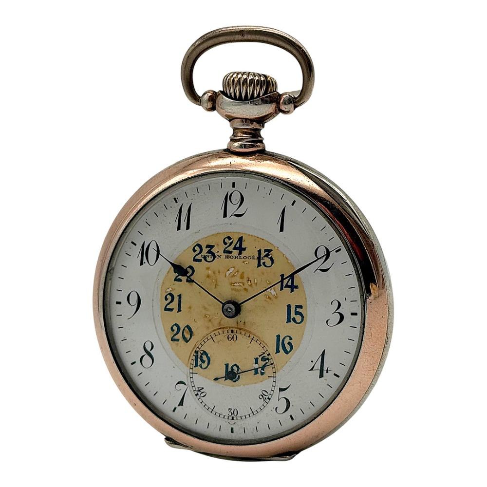 Front view of the Union Horlogère silver pocket watch showing the 24-hour enamel dial and sub-seconds register.