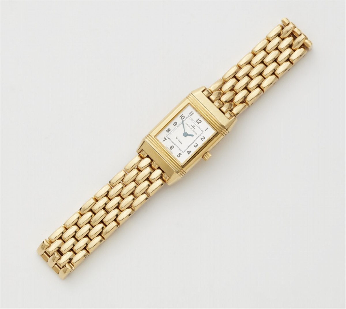 Dial and front view of the Jaeger-LeCoultre Reverso Lady Quartz wristwatch on link bracelet