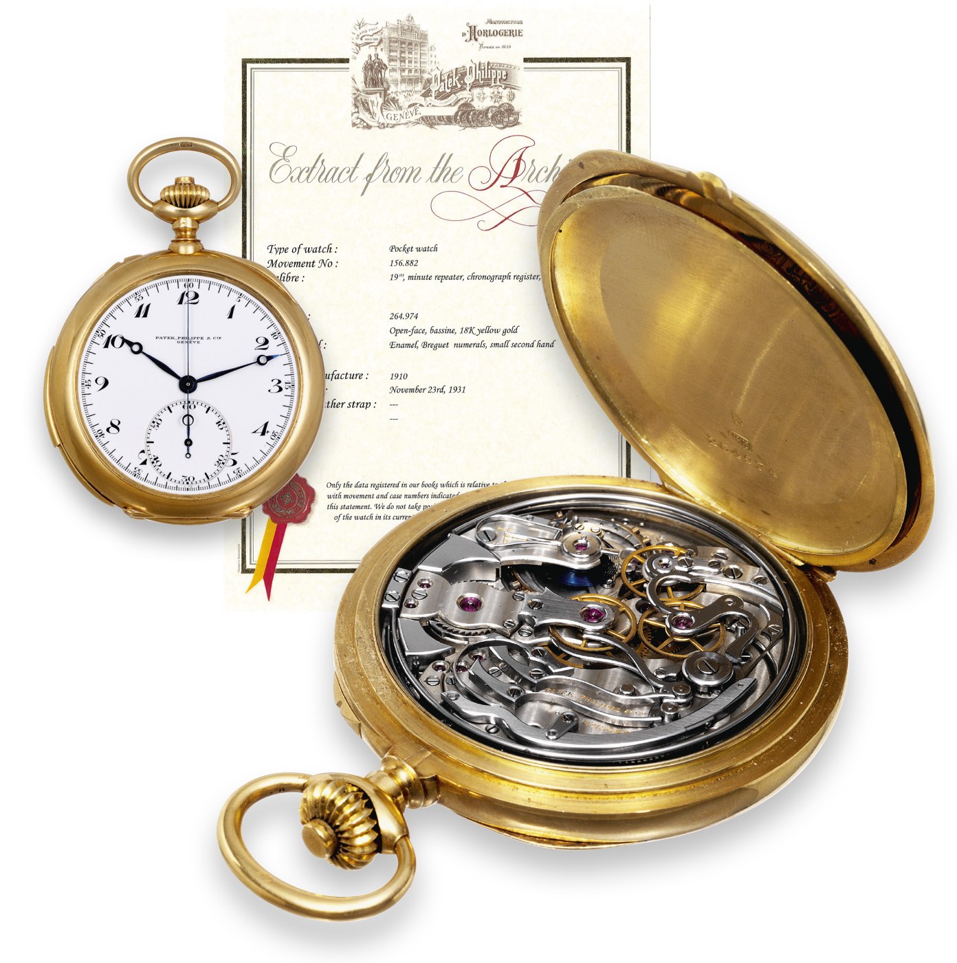 The pocket watch shown alongside its official Patek Philippe Extract from the Archives, displaying the dial and the open caseback revealing the movement.