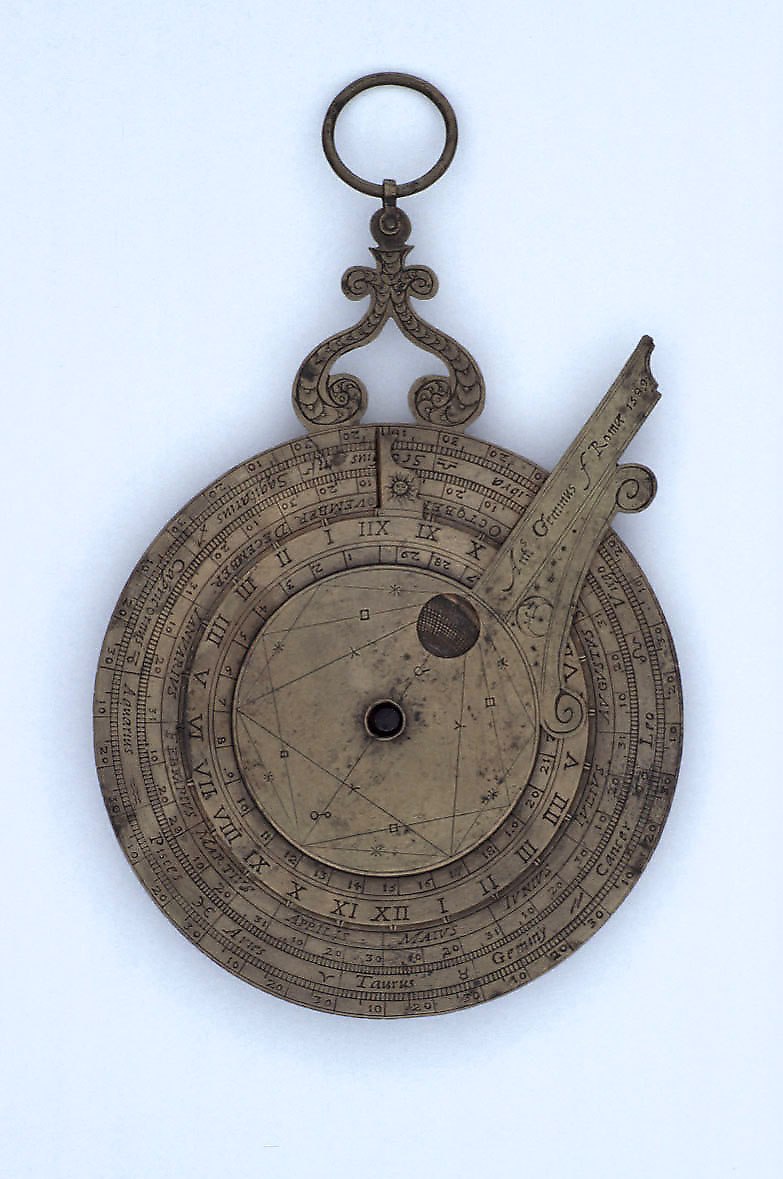 Nocturnal and altitude sundial by Antonius Geminus, 1589, showing the nocturnal side with index arm and scales.