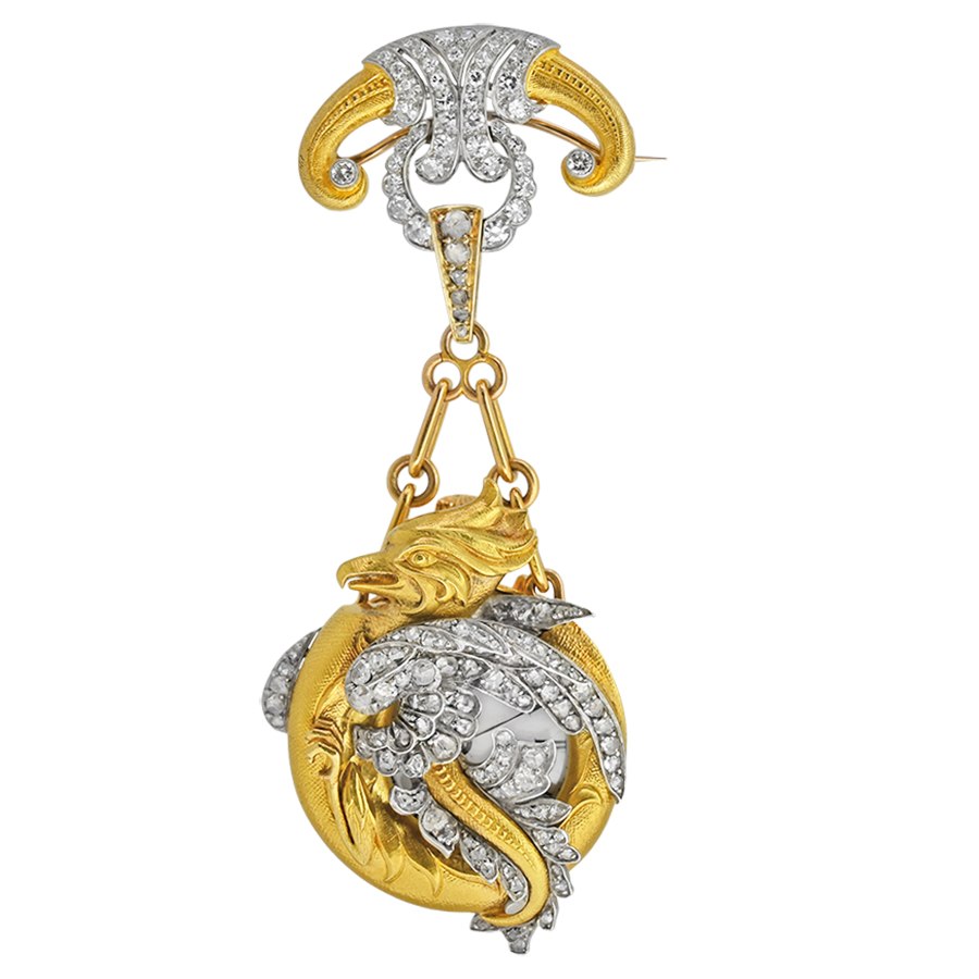 Front view of the 18K gold and diamond phoenix lapel watch suspended from its brooch pin