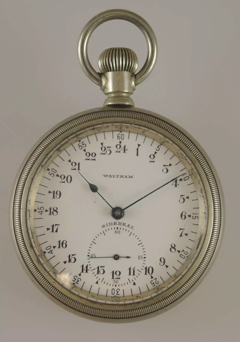 Front view of the Waltham sidereal 24-hour dial pocket watch in white metal case