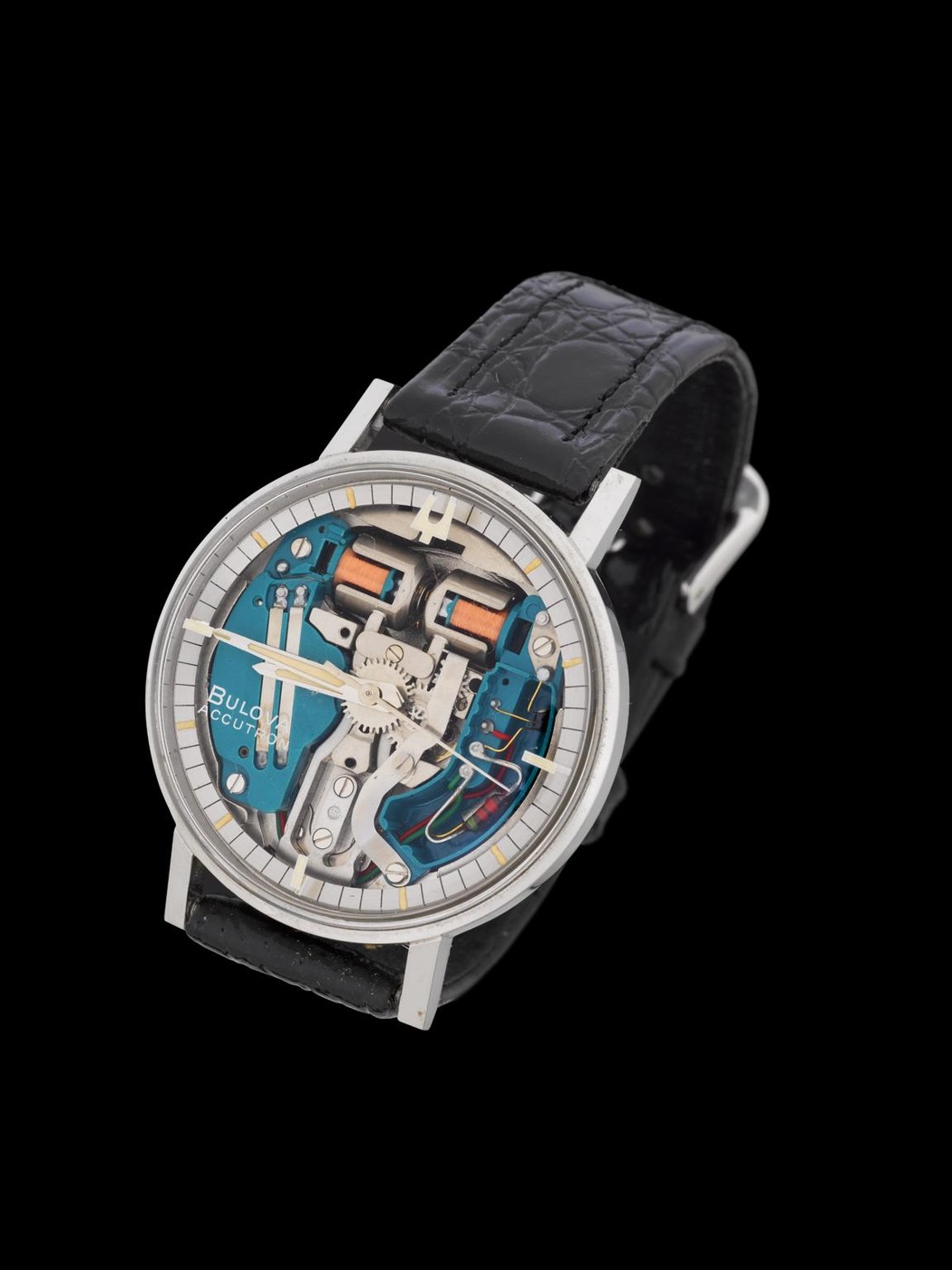 Accutron open-dial whole-watch view, 1963-306; not an isolated fork macro