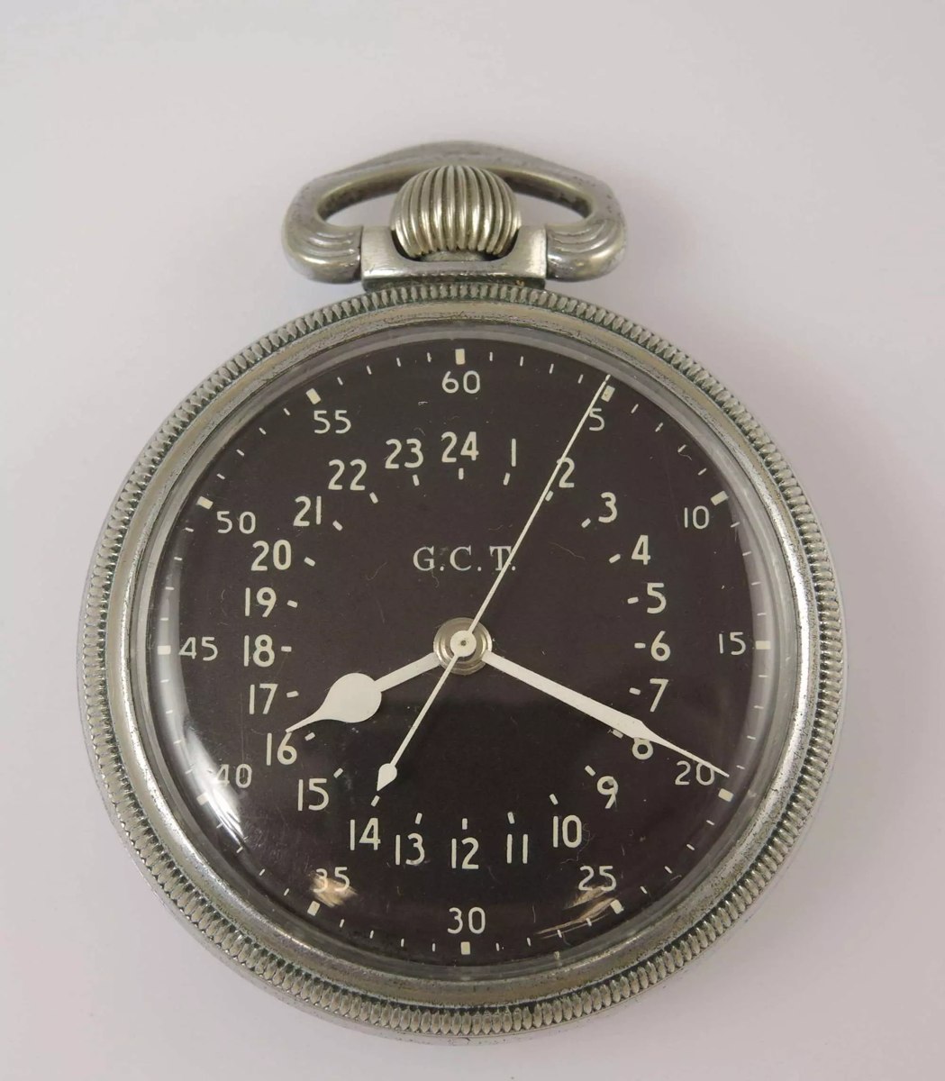 Hamilton 4992B military pocket watch dial showing 24-hour chapter ring and G.C.T. marking