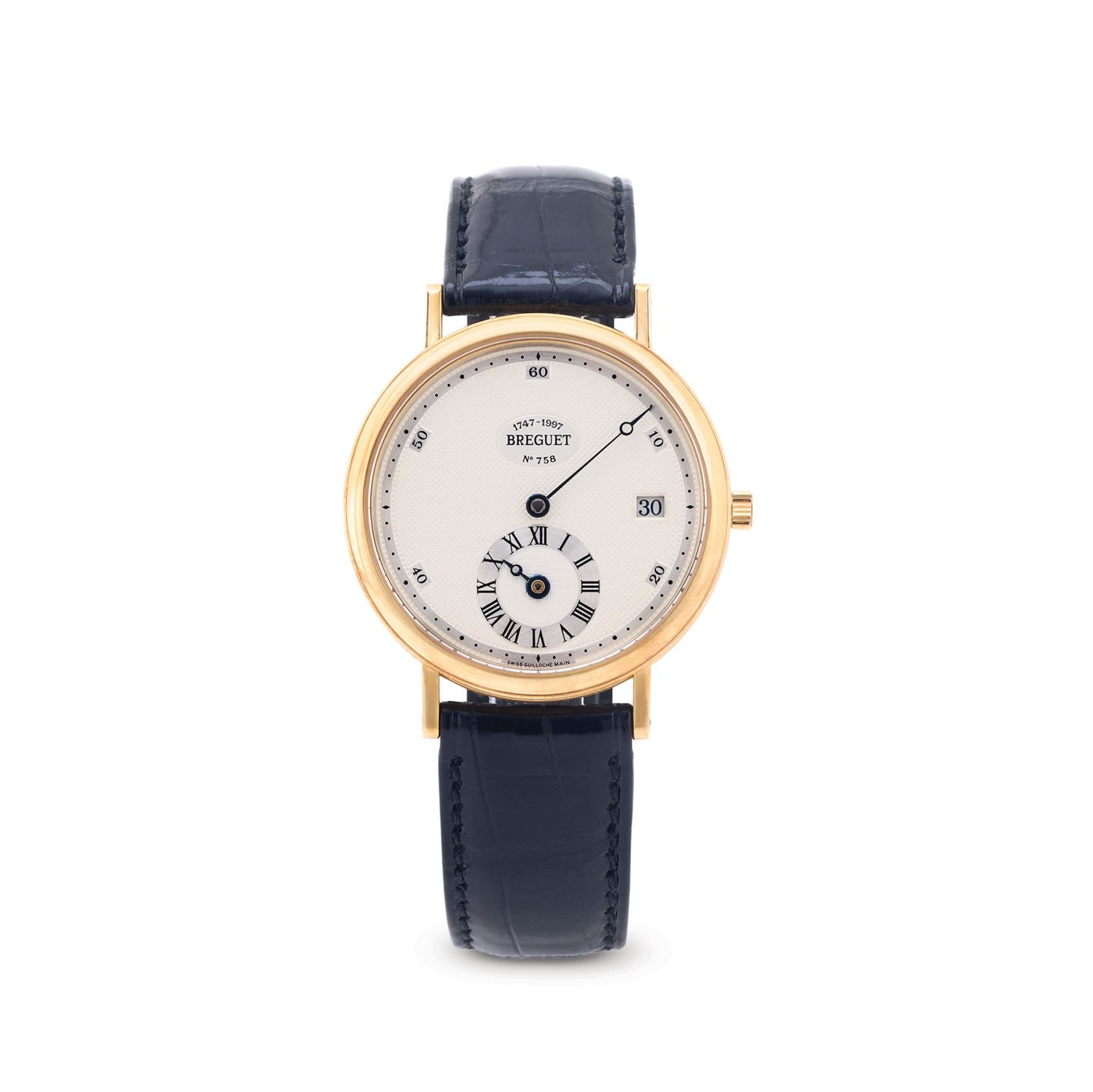 Front view of the Breguet Classique Regulator, reference 1747 BA, showing the regulator dial and the leather strap.