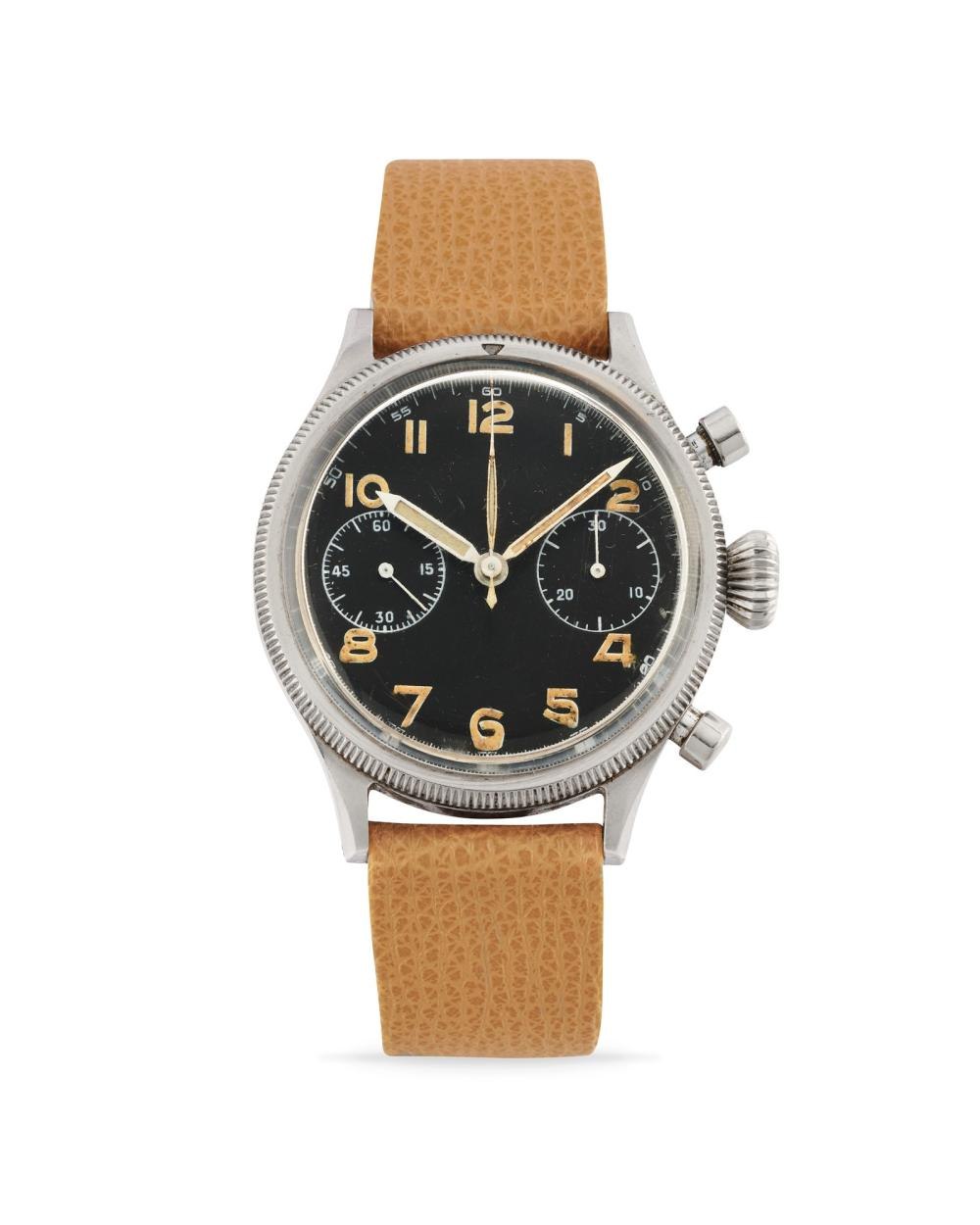 Front view of the Breguet Type 20 military chronograph, showing the black dial, rotating bezel, and leather strap.
