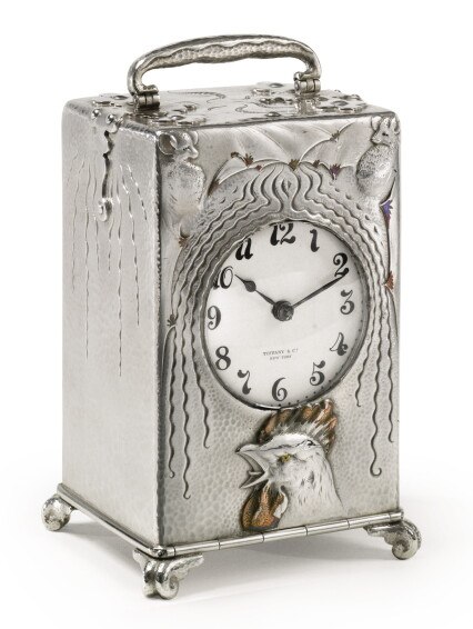 Three-quarter front view of the Tiffany & Co. 'Night and Day' silver and coppered carriage clock