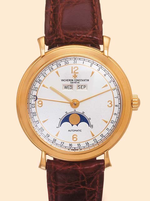 Front view of the Vacheron & Constantin wristwatch showing the dial layout, calendar apertures, and moon phase display.