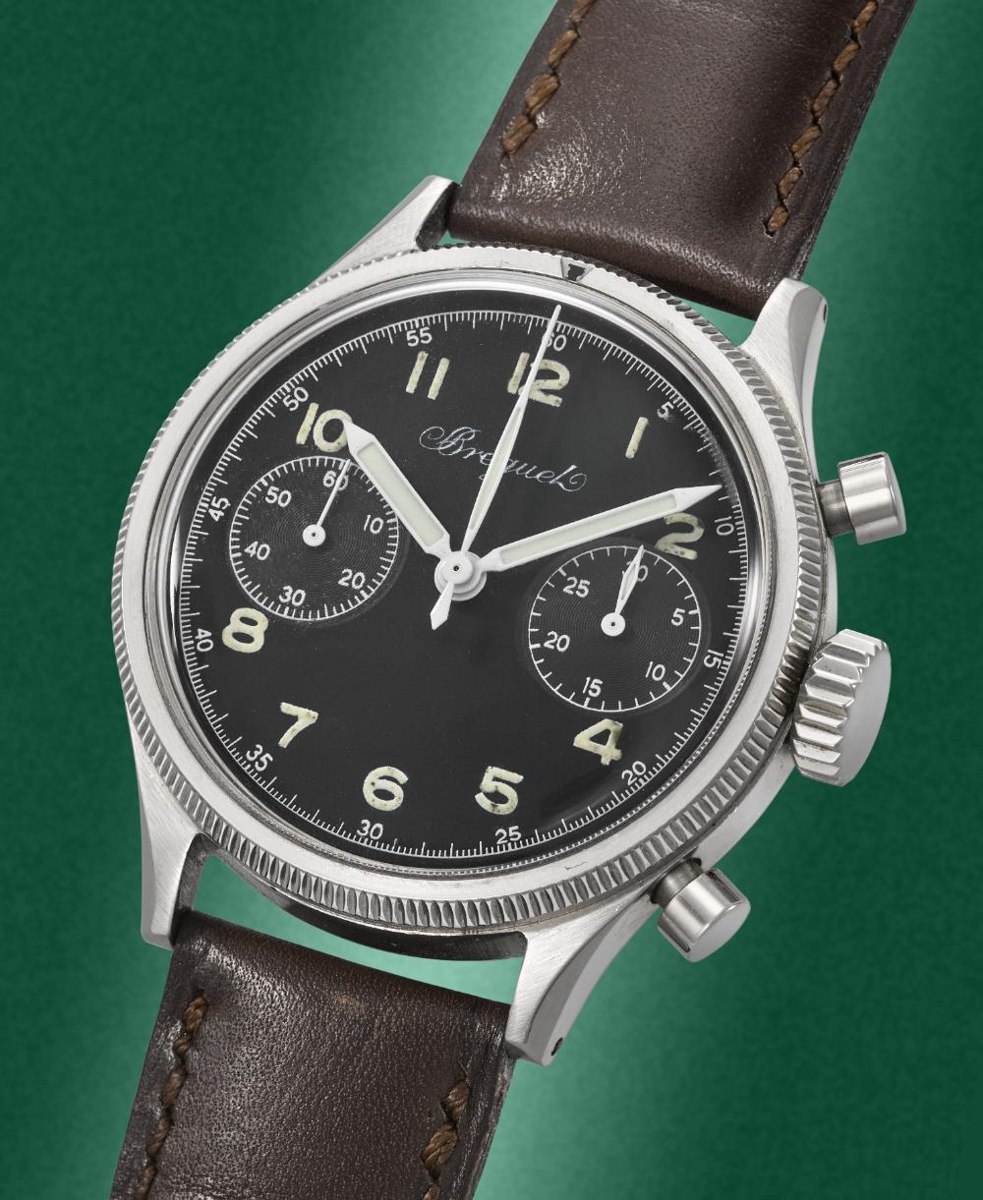 Front three-quarter view of the Breguet Type 20 chronograph on a brown leather strap
