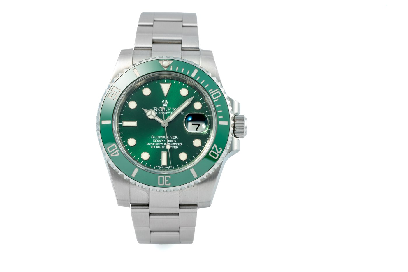 Rolex Submariner reference 116610LV in stainless steel with a green bezel and dial, accompanied by its box and certificate.