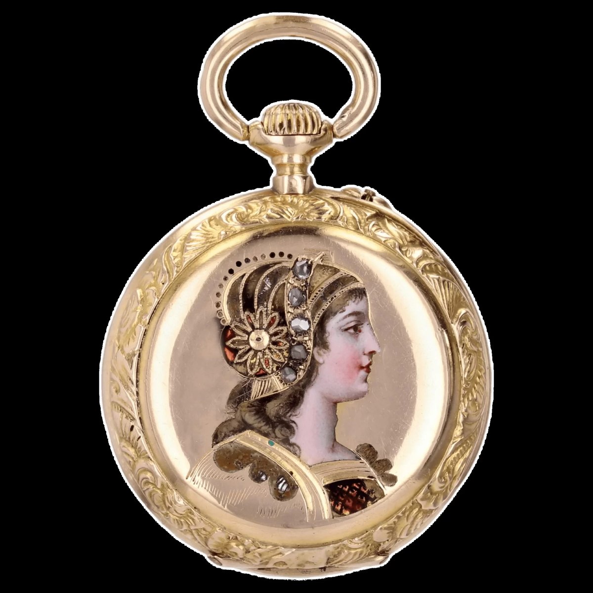 Back view of the 18k yellow gold case showing the enameled female portrait set with rose-cut diamonds