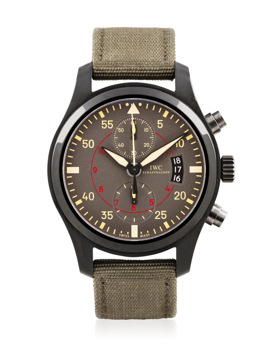 Front view of the IWC Pilot's Watch Chronograph Top Gun Miramar Ref. IW38802 with olive dial and green textile strap
