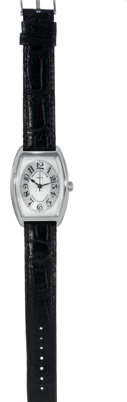 Front view of the Franck Muller Cintrée Curvex reference 2852 on a black leather strap.
