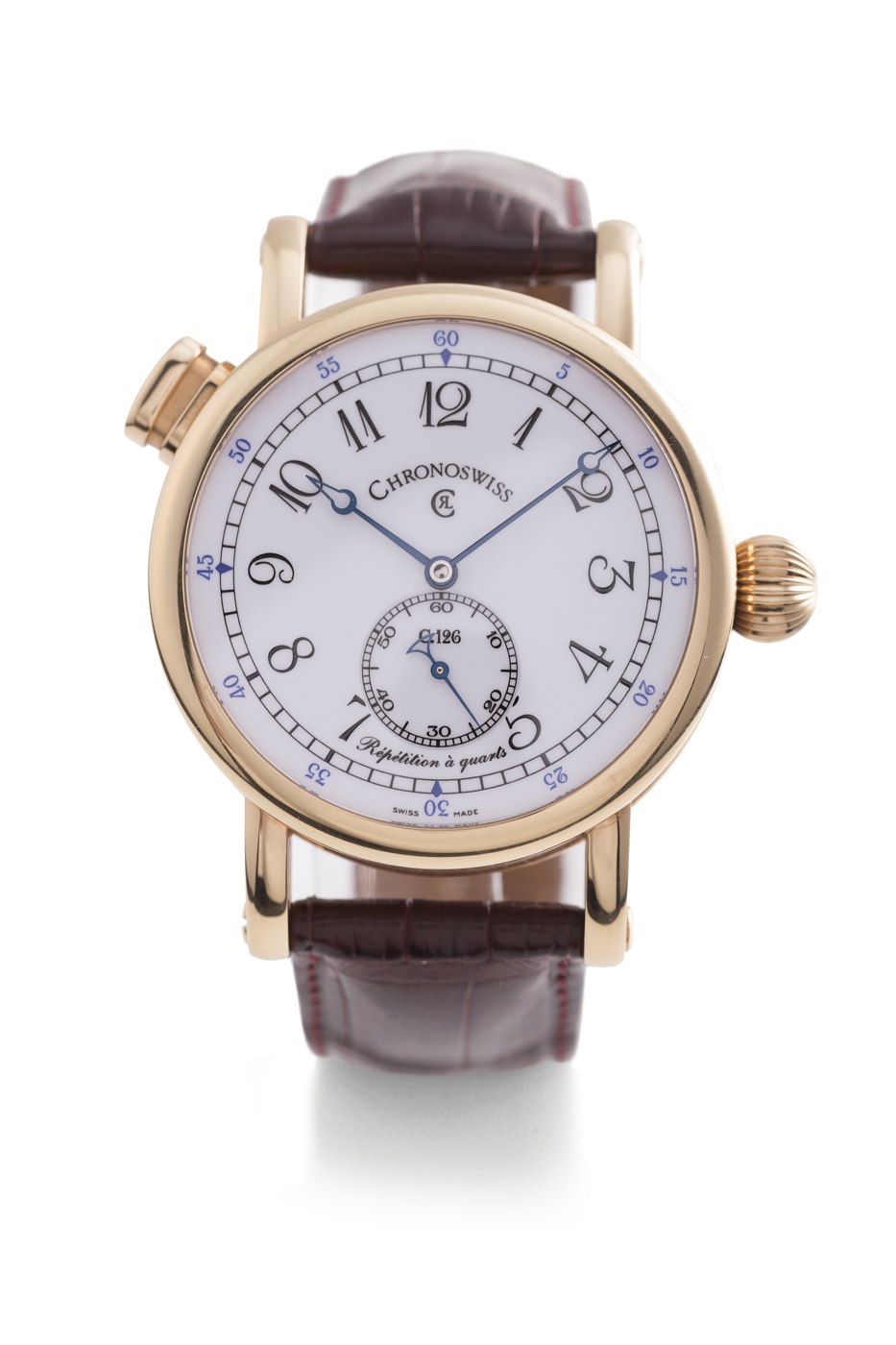 Front view of the Chronoswiss quarter-repeating wristwatch in pink gold.