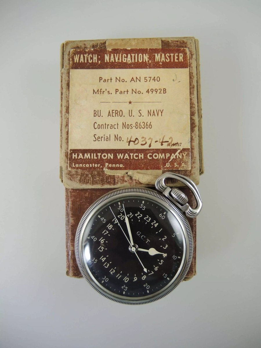Hamilton 4992B 24-hour pocket watch with accompanying military navigation master box