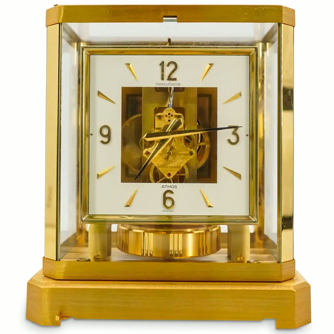 Front view of the Jaeger-LeCoultre Atmos clock in its brass and glass case