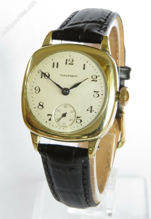 Three-quarter front view of Waltham Riverside Maximus cushion-cased wristwatch on display stand