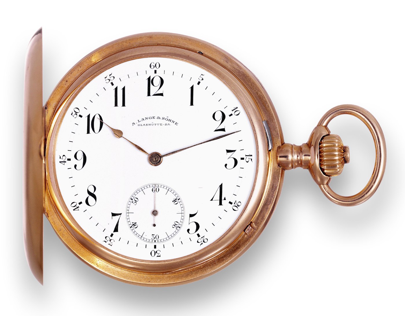 View of the white enamel dial, pink gold spade hands, and subsidiary seconds dial of the A. Lange & Söhne hunting cased pocket watch.