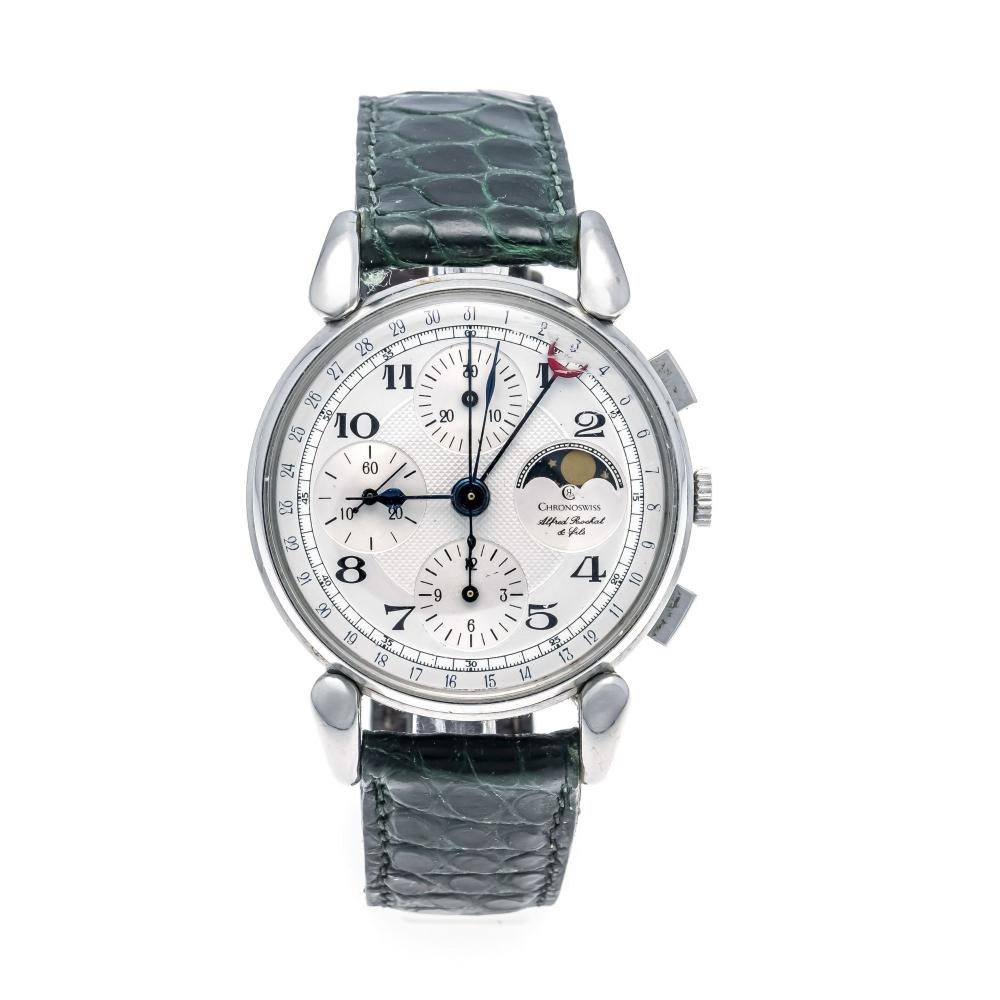 Front view of Chronoswiss Lunar Ref. 77.890 showing guilloché dial, moon phase, and chronograph registers on green strap