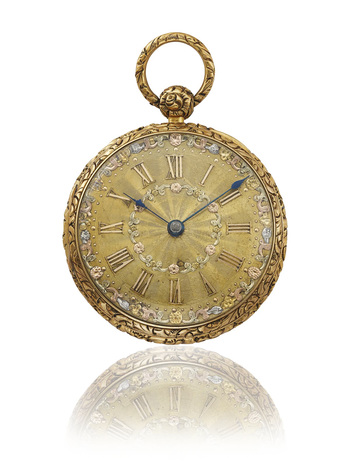 Front view of the Joseph Johnson 18k gold openface pocket watch with three-colour gold dial