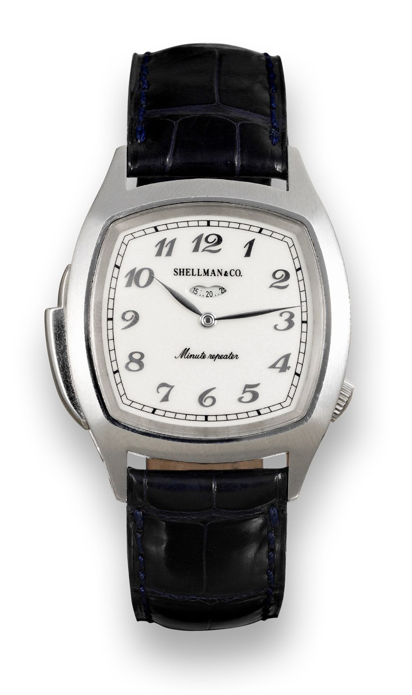 Front view of the Shellman & Co. minute-repeating wristwatch on a leather strap.