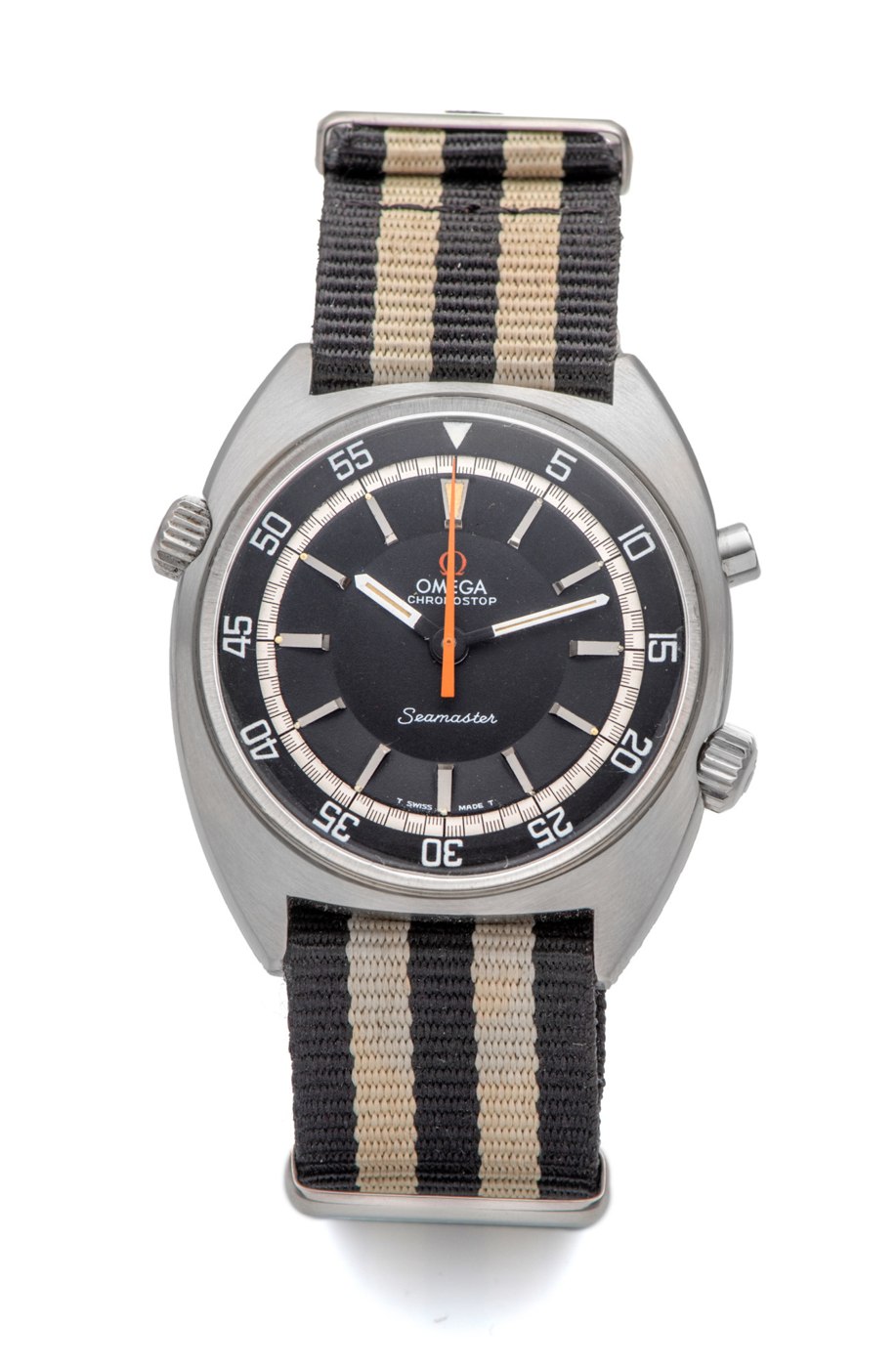 Front view of the Omega Ref. 145.008 showing the black dial, inner decompression bezel, and Nato-type strap.