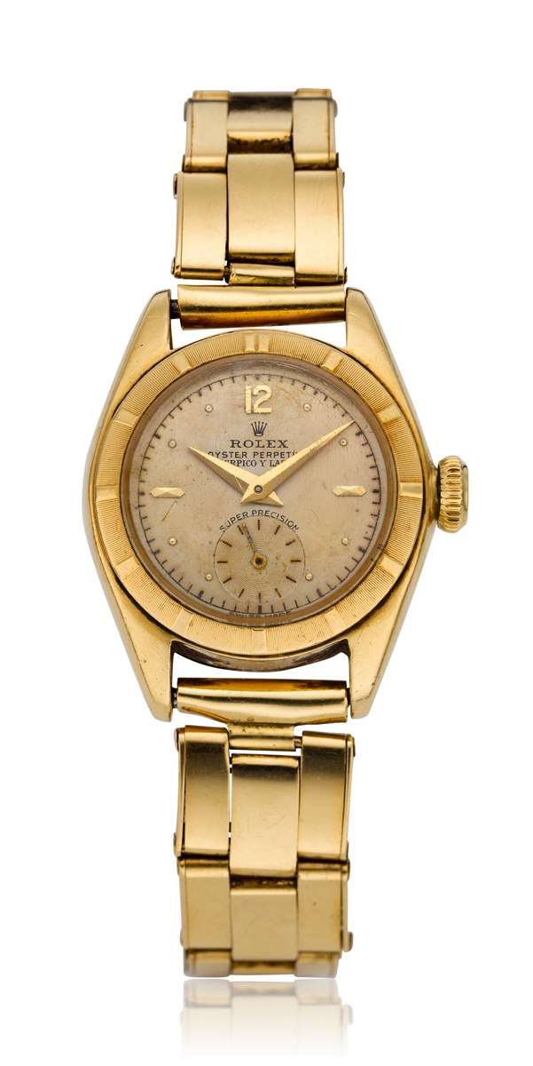 Front view of the Rolex Ladies’ Oyster Perpetual Bubbleback Ref. 5003 with 18k gold rivet bracelet