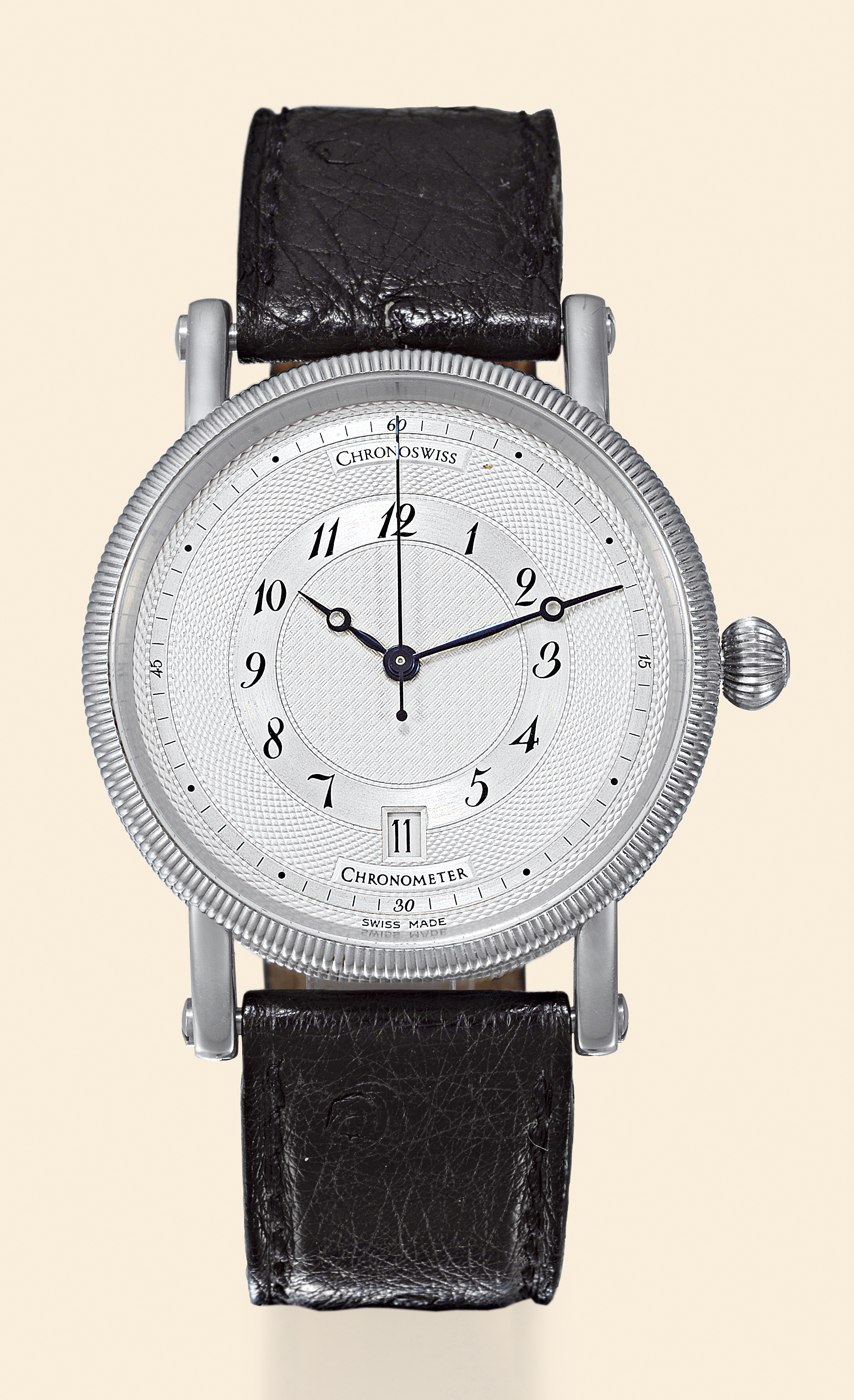 Front view of the Chronoswiss Opus Chronometer wristwatch featuring an engine-turned dial.