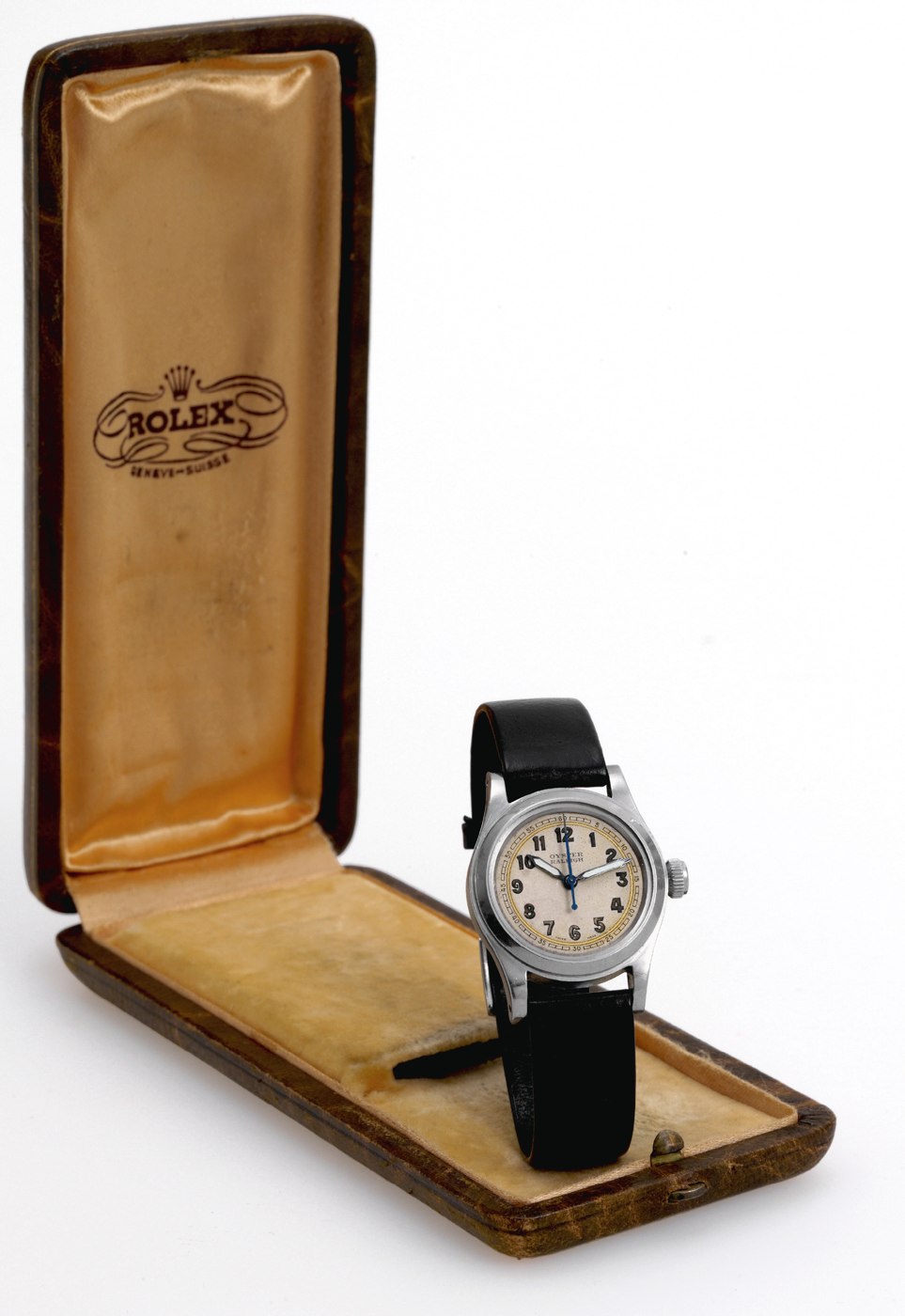 The Oyster Watch Co. 'Raleigh' wristwatch presented in its Rolex-branded case.
