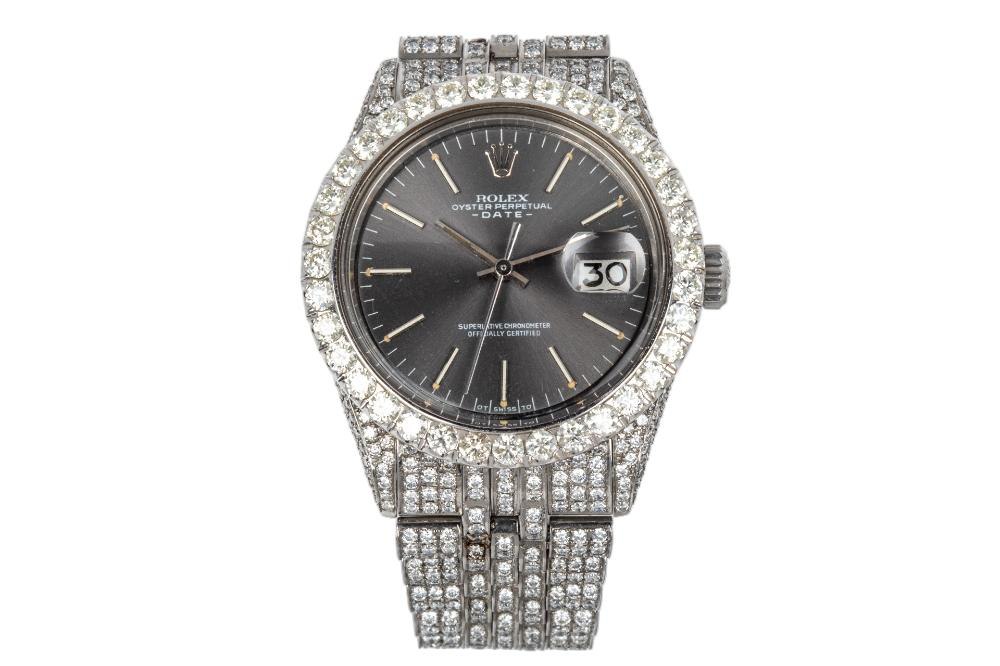 Front view of custom diamond-set Rolex Datejust 36 with grey Sigma dial and diamond-set bracelet