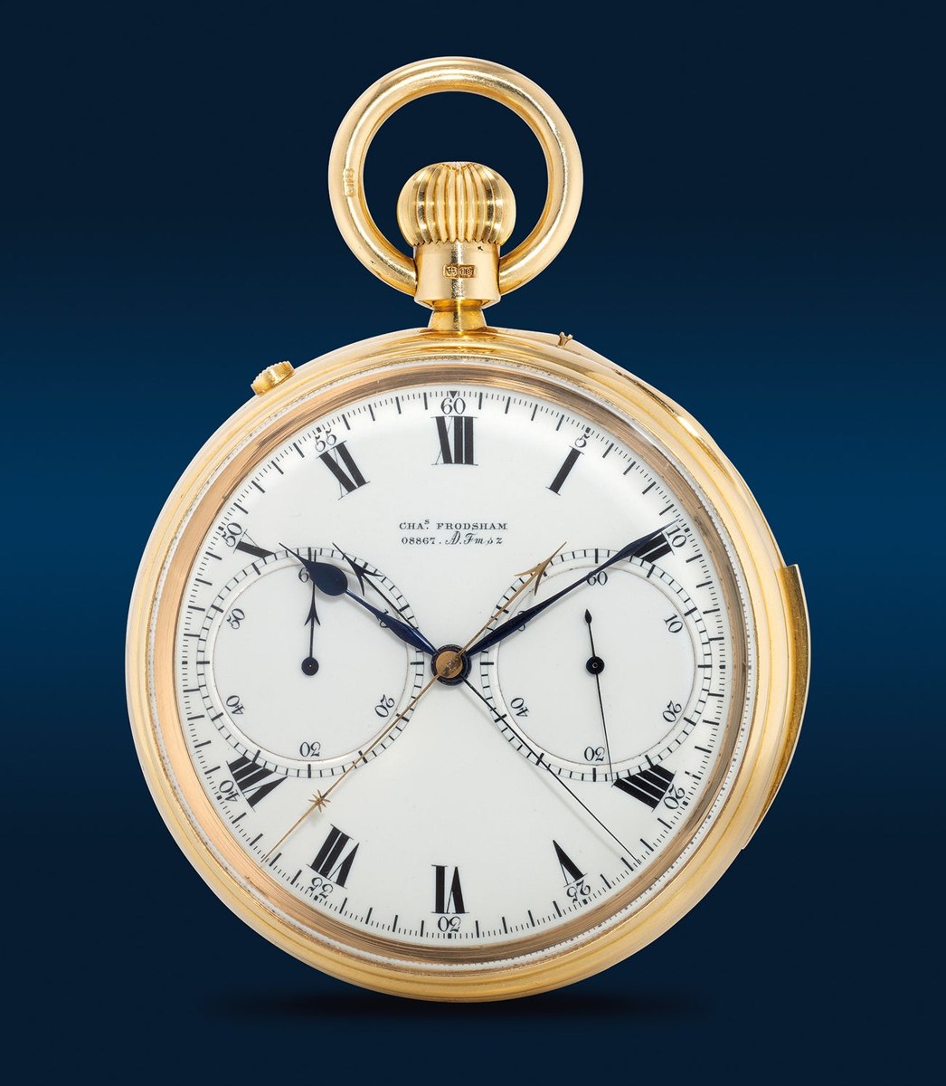 Dial and front view of the Charles Frodsham yellow gold tourbillon pocket watch