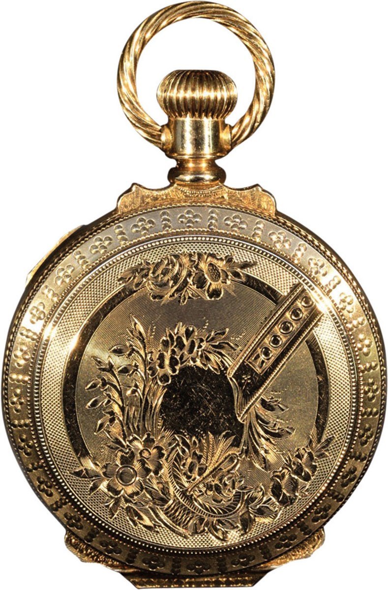 Exterior front lid of the Dueber 14K yellow gold hunter case with rope-twist bow