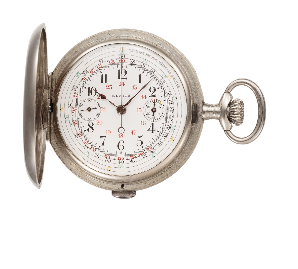 Zenith chromium-plated hunting-case chronograph pocket watch, showing the dial, crown at 3 o'clock, and pusher at 6 o'clock