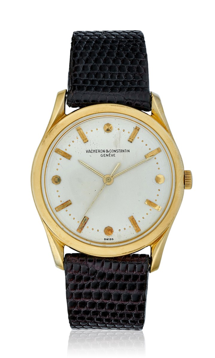 Front view of the Vacheron Constantin Ref. 6136 gold dress watch showing the silvered dial and strap
