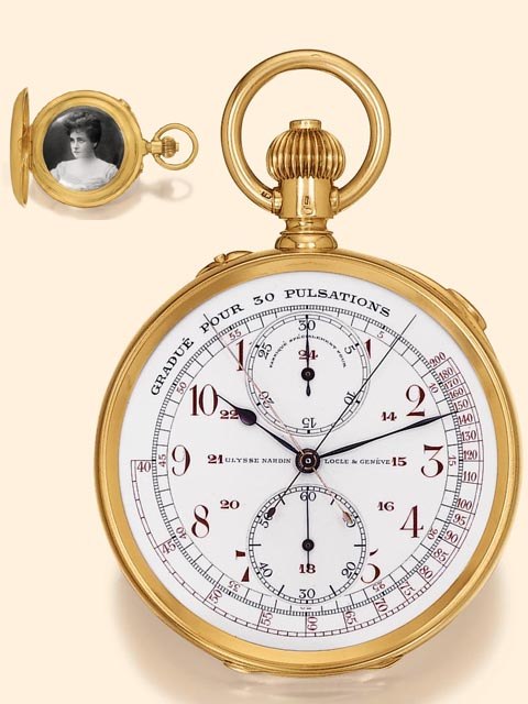 Ulysse Nardin split-seconds chronograph with pulsometer scale and grisaille enamel cuvette, circa 1905.