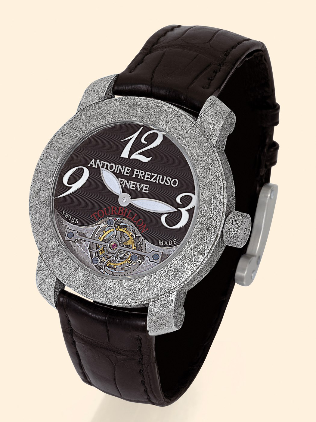 Antoine Preziuso Calibre T21 Gibeon Meteorite Tourbillon No. 1, showing the meteoritic case texture and dial aperture.
