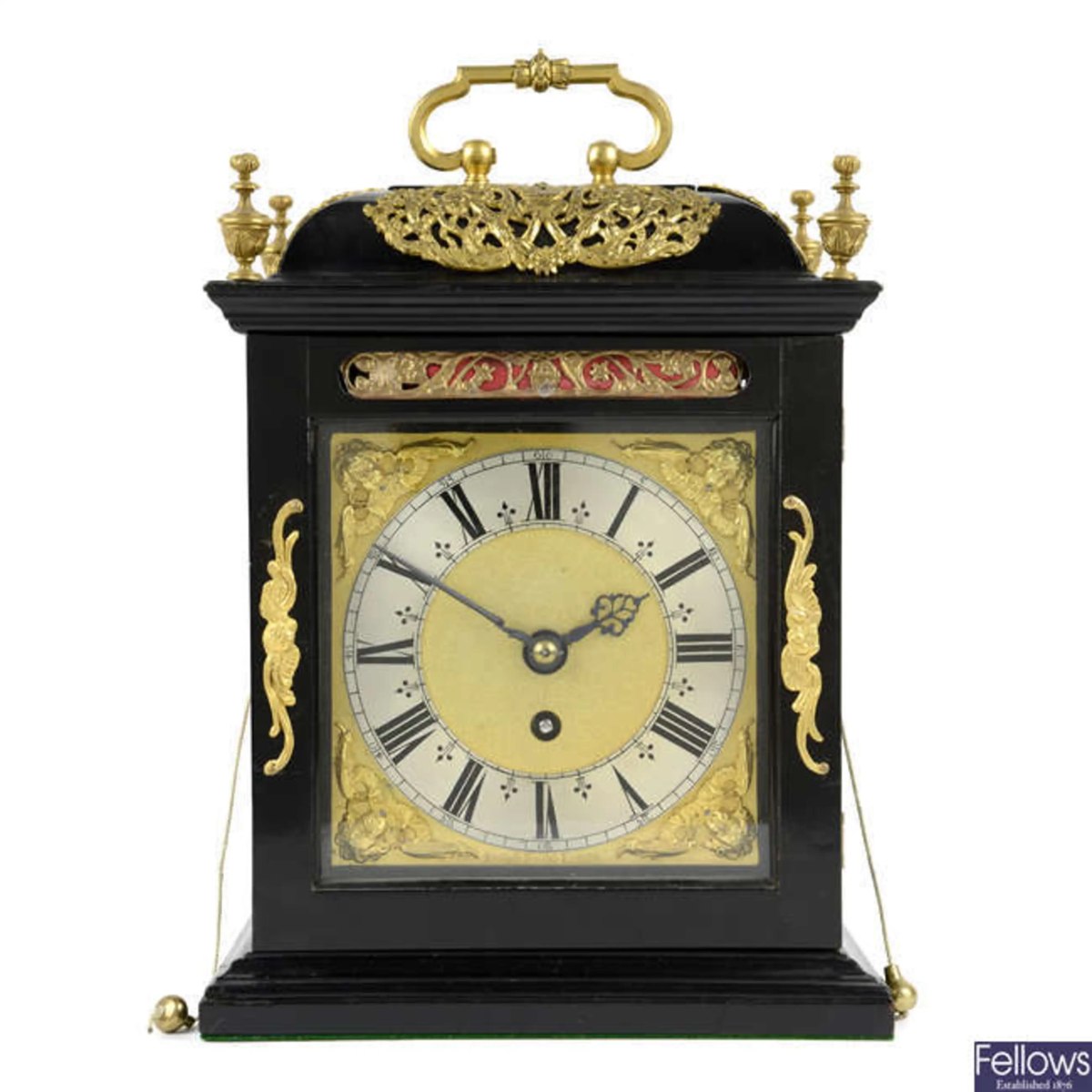 Front view of an ebony-veneered timepiece table clock attributed to Joseph Knibb
