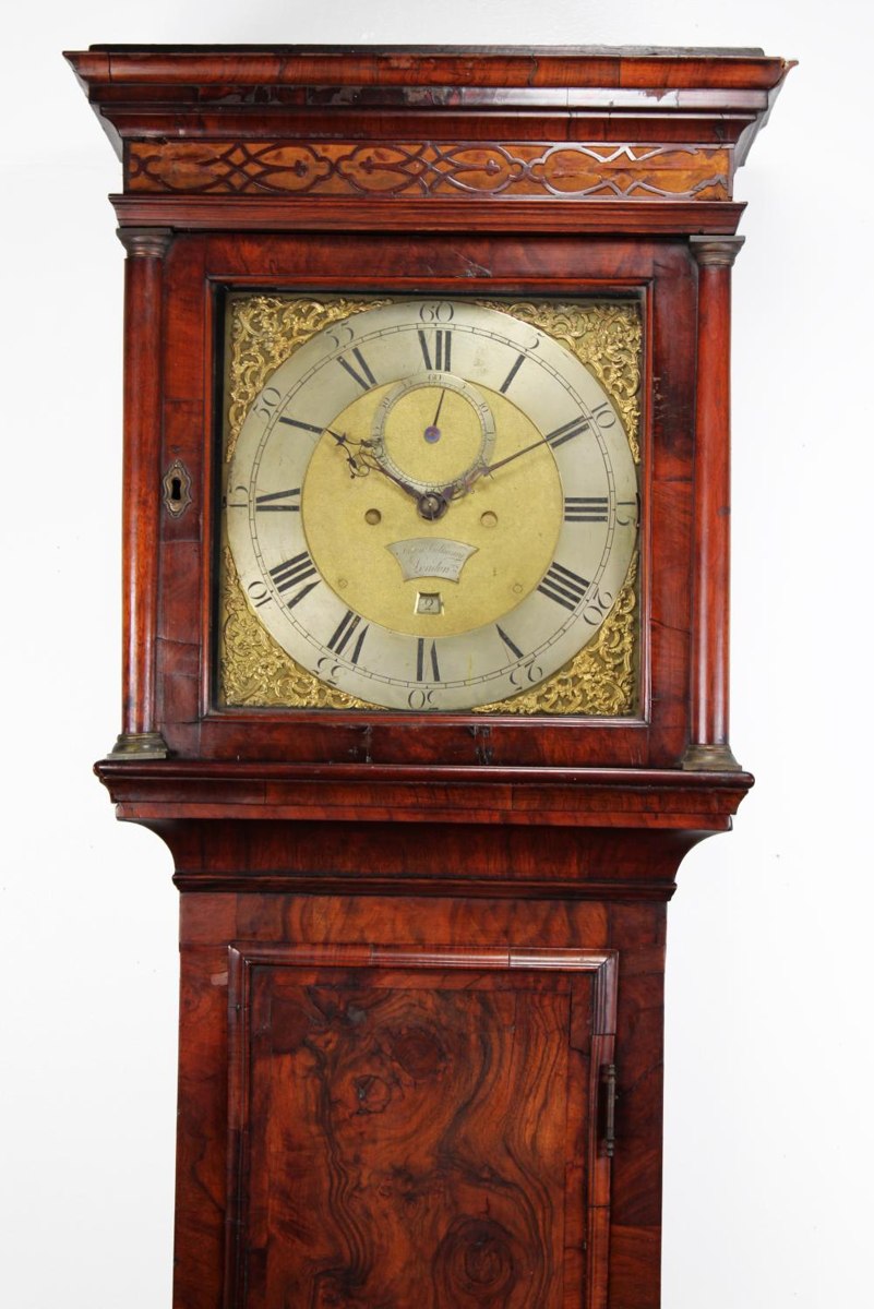 Hood and upper trunk view of the Justin Vulliamy burl walnut longcase clock
