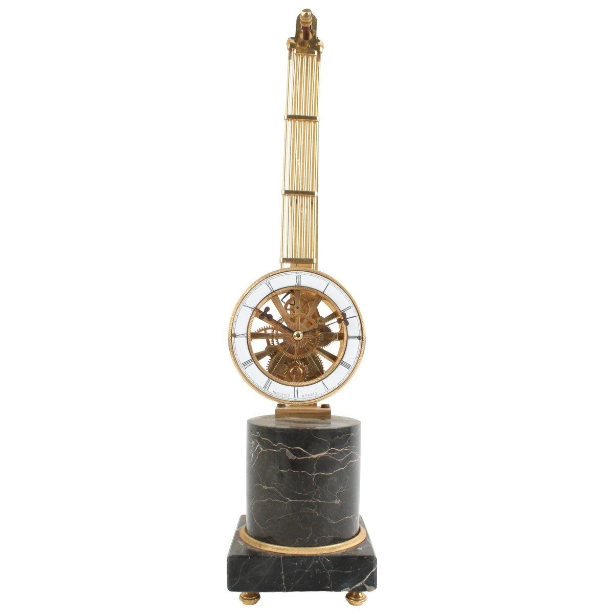 Full frontal view of the French swinging pendulum skeleton clock on a marble plinth