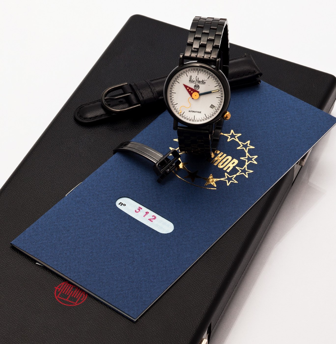 Alain Silberstein Arkitek wristwatch with its accompanying box, certificate, and additional accessories, showing the dial and dark CVD-coated bracelet.
