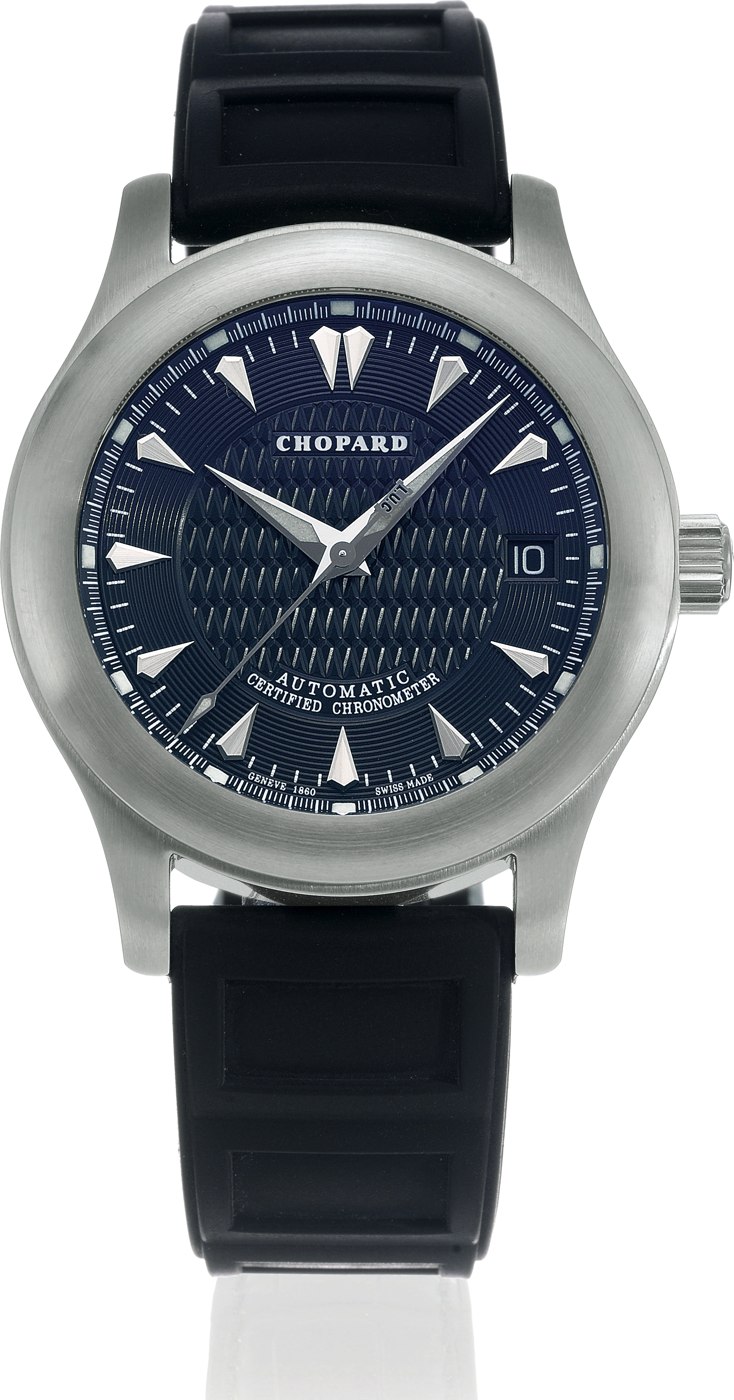 Front view of the Chopard L.U.C. 2000 Sport featuring a black engine-turned dial and stainless steel case.