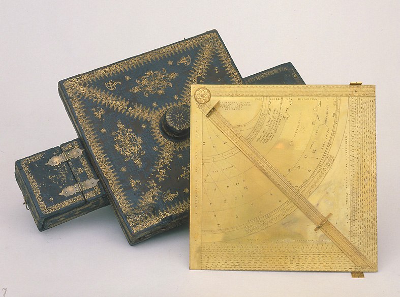 Gilt brass quadrant by Christoph Schissler, 1599, showing the face with horary scales and the leather-bound carrying case.