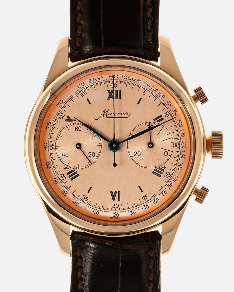 Dial and case view of the Minerva Chronograph reference M132000 in rose gold
