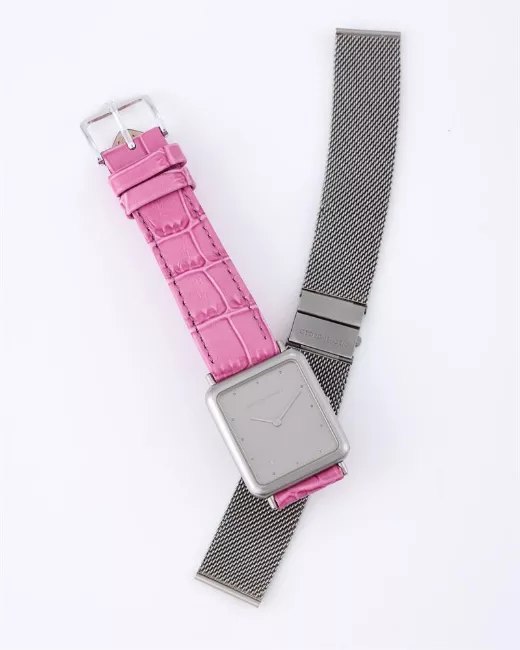 Georg Jensen Ref. 348 stainless steel wristwatch on a pink Hirsch strap with spare mesh bracelet